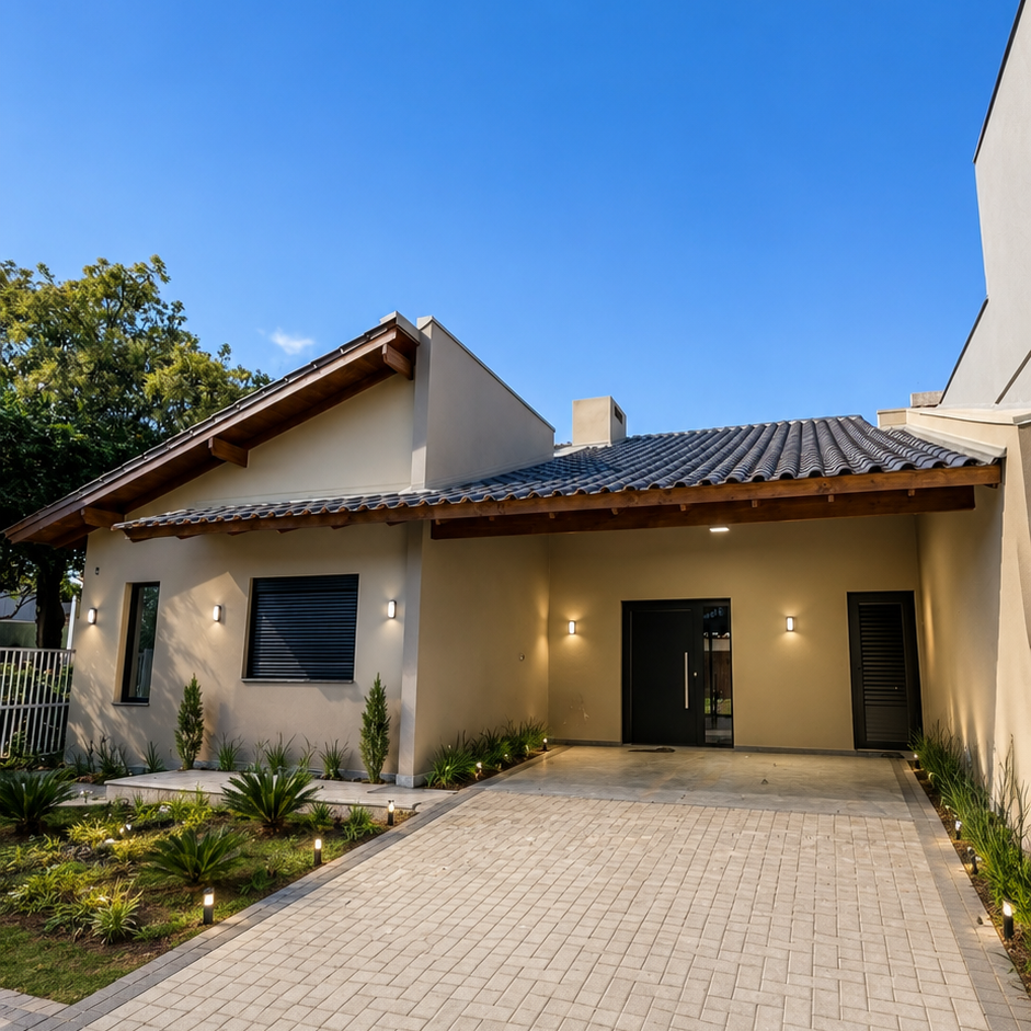 Casa com telhado colonial e área de garagem coberta