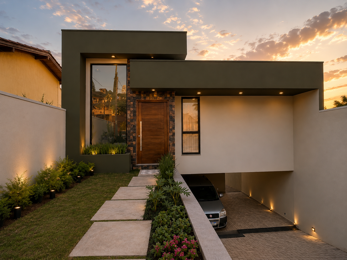 Casa moderna verde-oliva com garagem coberta ao entardecer