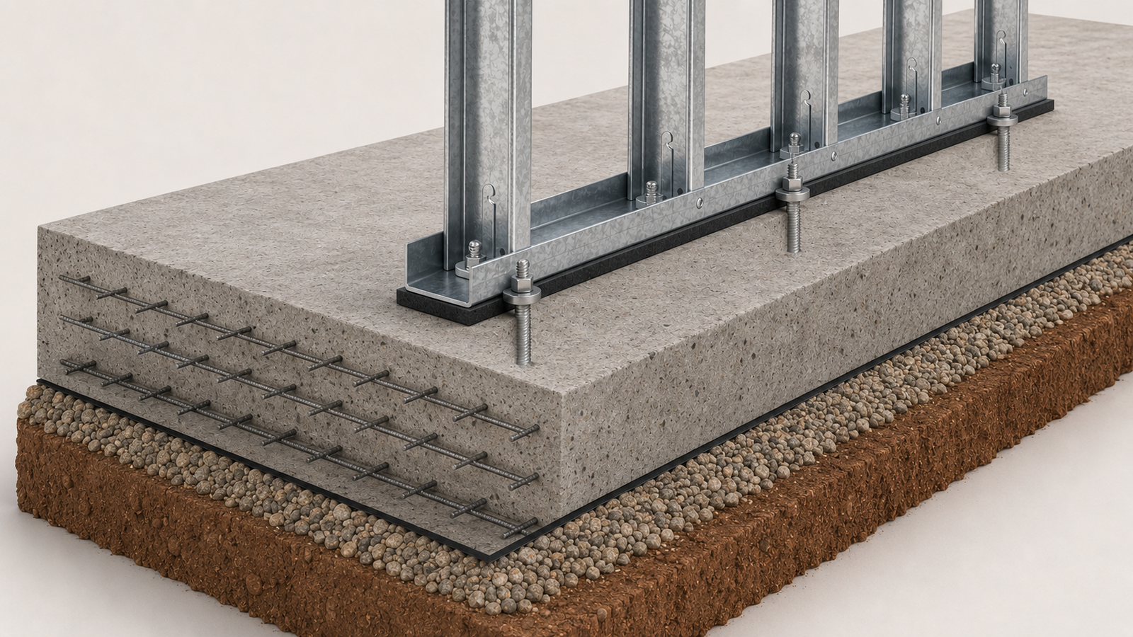 Ilustração da ancoragem entre fundação e estrutura em Steel Frame